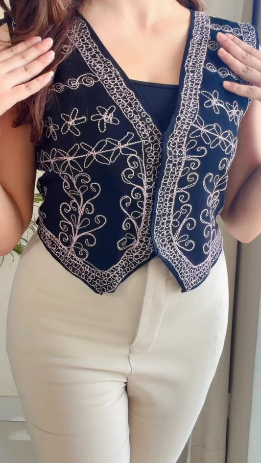 Vintage Bloom Embroidered Denim Vest (Light Pink)